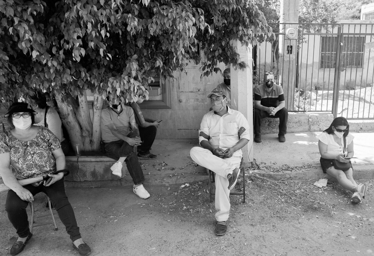 Siete personas están sentadas, separadas entre sí, debajo y alrededor de un árbol; algunas llevan mascarilla, en un entorno urbano al aire libre con una valla y un edificio al fondo.